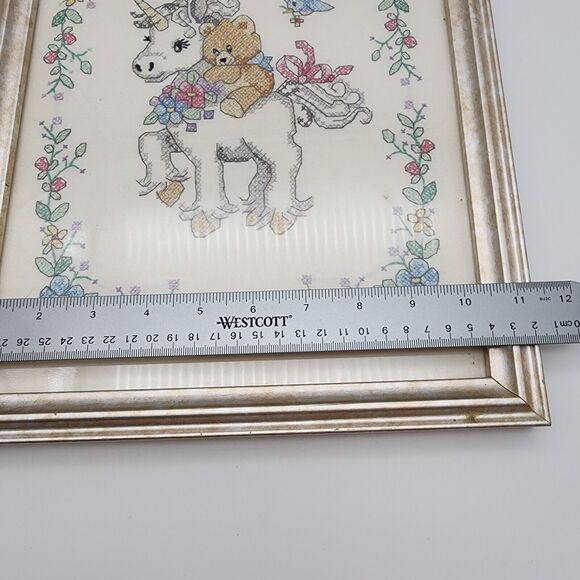 Vtg 90s Dimensions Unicorn Teddy Cross Stitch Framed Art Welcome Baby 14.5x11.5 - Picture 6 of 7